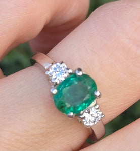 2299 Vintage: Platinum Emerald (1.19ct) Diamonds (0.30ct) 3-Stone Ring