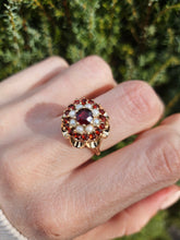 Cargar imagen en el visor de la galería, 1421: Vintage: Large 9ct Gold Garnet Seed Pearls Cocktail Ring- Date- Mark 1963
