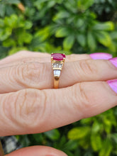 Load image into Gallery viewer, 0795: Vintage: 14ct Gold Rubies Baguette Diamonds Dress Ring- lovely symmetry
