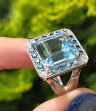 Load image into Gallery viewer, VINTAGE; 14ct White Gold Large Emerald Cut Aquamarine (13.9ct) , Blue Diamonds Statement Cocktail Ring
