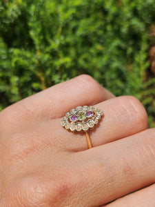 0662: Vintage: 9ct Gold Amethyst, Peridot, Pearls Suffragette Homage  Ring
