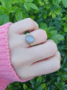 7060: Vintage: 9ct Gold Large White Moonstone Sapphire Accents Cocktail Ring- lovely colours