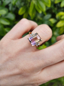 1329: Vintage: 9ct Gold Emerald Cut Ametrine Diamonds Cocktail Ring