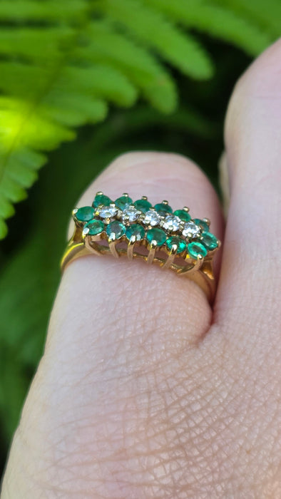 Vintage: 9ct Yellow Gold Emerald & Diamond Triple Row Ring — From 1989