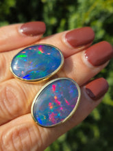 Load image into Gallery viewer, 2082:Vintage: Large Blue 14ct Gold Australian Blue Opal Stud Earrings- fabulous statement earrings
