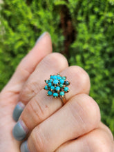 Load image into Gallery viewer, 1568: Vintage: Old 9ct Yellow Gold 19 Turquoises Floral Cluster Ring- exquisite
