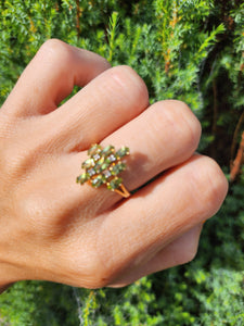 6156: Vintage: 9ct Gold Peridots Diamonds Cocktail Cluster Ring - geometric beauty