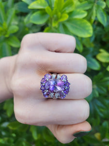 0309: Vintage: Statement 9ct White Gold Lilac Amethysts Diamonds Cocktail Ring-