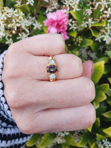 A7402 Vintage & Old 18ct Gold Mulberry Purple Amethyst Opals Dress Ring- lovely combination