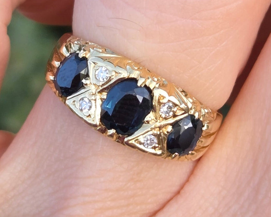 6180 Vintage: 18ct Gold Australian Blue Sapphires Diamonds Statement Ring-From 1972