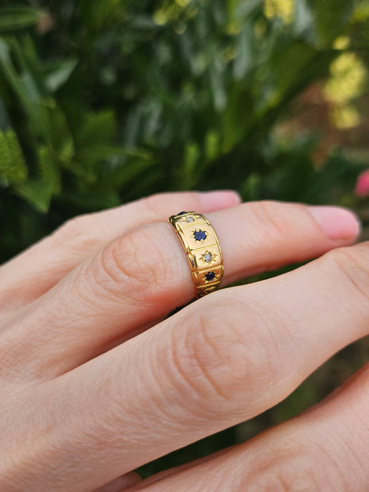 6511 Antique: Victorian 18ct Yellow Gold Sapphire & Rose Cut Diamond Five-Stone Half Hoop Ring