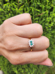 6079: Vintage: 18ct Gold Two Emeralds 10 Diamonds Dress Ring- From 1983- Rare