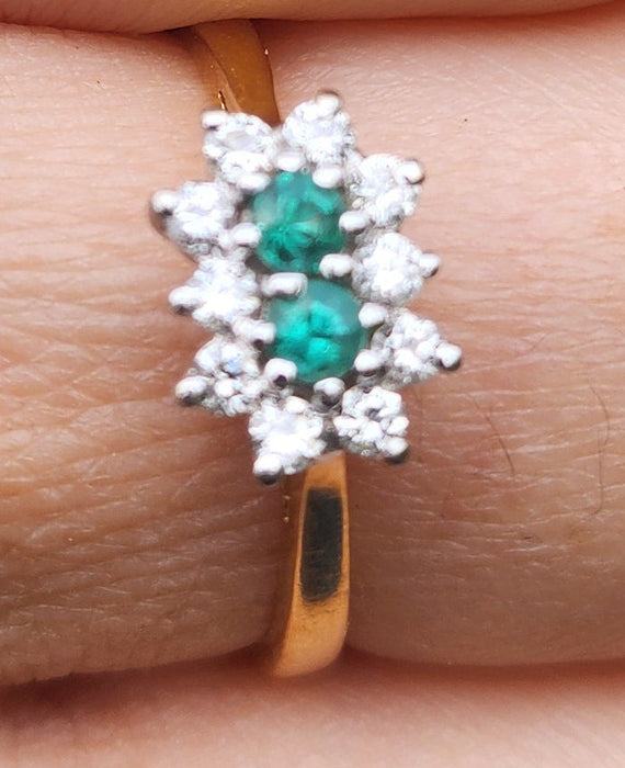 6079 Vintage: 18ct Gold Two Emeralds 10 Diamonds Dress Ring- From 1983- Rare