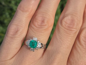 Vintage: Platinum Emerald Cut Emerald Diamonds Cocktail Cluster Ring