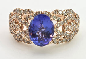2344: Vintage:&nbsp; 14ct Gold&nbsp; Large Vibrant Blue Tanzanite Pave Diamonds Openwork Dress Ring- Exceptional