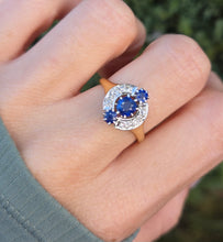Load image into Gallery viewer, Antique: 18ct Gold Art Deco Cornflower Blue Sapphires Diamonds Geometric Set Ring
