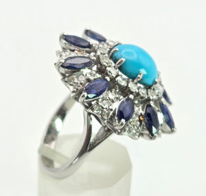 2269: Vintage: 14ct White Gold Turquoise, Blue Sapphires, 56 Diamonds Statement Cluster Ring