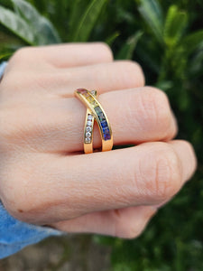 1167: Vintage: Statement 18ct Gold Diamonds Mixed Colour Sapphires Crossover Ring- UPDATED