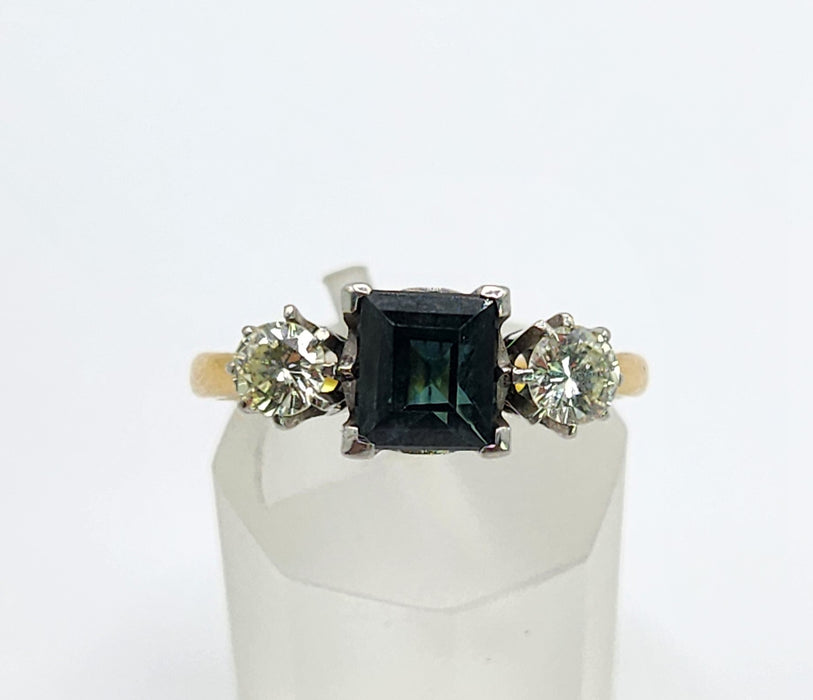 1598 Vintage: 18ct Yellow Gold & Platinum Sapphire & Diamond Three Stone Ring