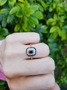 0108: Vintage: 9ct Gold Art Deco Style Sapphires Diamonds Panel Ring- geometric set.