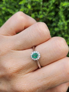 0437: Vintage: 18ct White Gold Emerald 12 Diamonds Ring- crisp, clean eye candy,