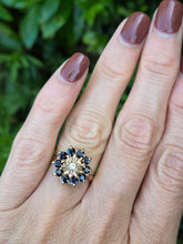 Load image into Gallery viewer, 2121: Vintage: 9ct Gold Diamond Blue Sapphires Diamonds Flower Head Ring- from 1980
