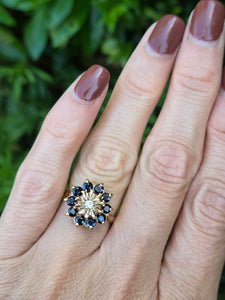 2121: Vintage: 9ct Gold Diamond Blue Sapphires Diamonds Flower Head Ring- from 1980