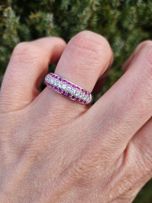 1110: Vintage: 18ct White Gold Pink  Rubies Diamonds Tiered Half-Eternity Ring- Simply gorgeous