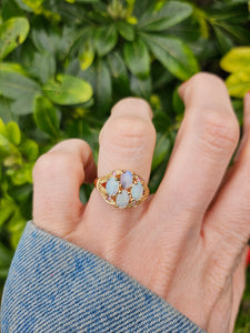 1306: Vintage: 9ct Gold Geometric Set White Opals Rubies Dress Ring- beautifully paired