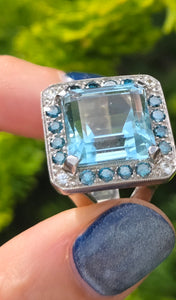 VINTAGE; 14ct White Gold Large Emerald Cut Aquamarine (13.9ct) , Blue Diamonds Statement Cocktail Ring