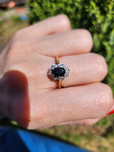 1745: Vintage: 9ct Gold French Blue Sapphire Diamonds Cluster Ring- From 1975