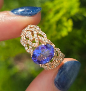 2344: Vintage:&nbsp; 14ct Gold&nbsp; Large Vibrant Blue Tanzanite Pave Diamonds Openwork Dress Ring- Exceptional
