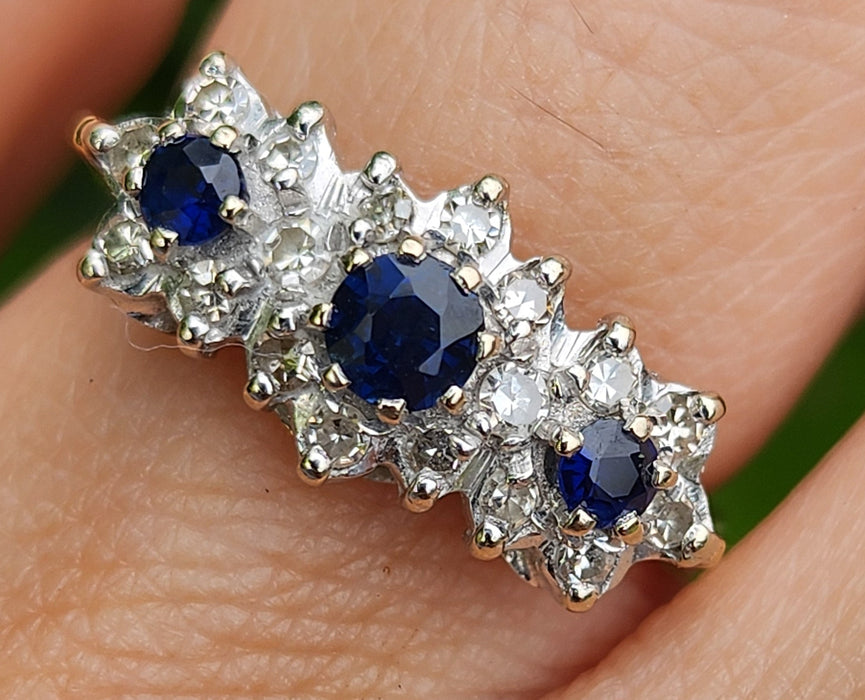 6144 Vintage: 18ct Gold French Blue Sapphires 18 Diamonds Dress Ring