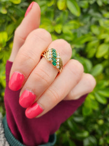 0418: Vintage: 14ct Gold Emeralds Diamonds Openwork Ring- lovely combination