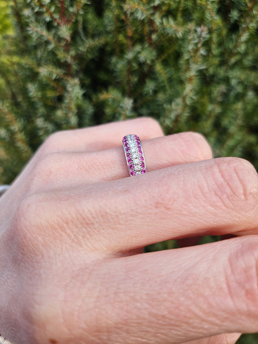 1110: Vintage: 18ct White Gold Pink  Rubies Diamonds Tiered Half-Eternity Ring- Simply gorgeous