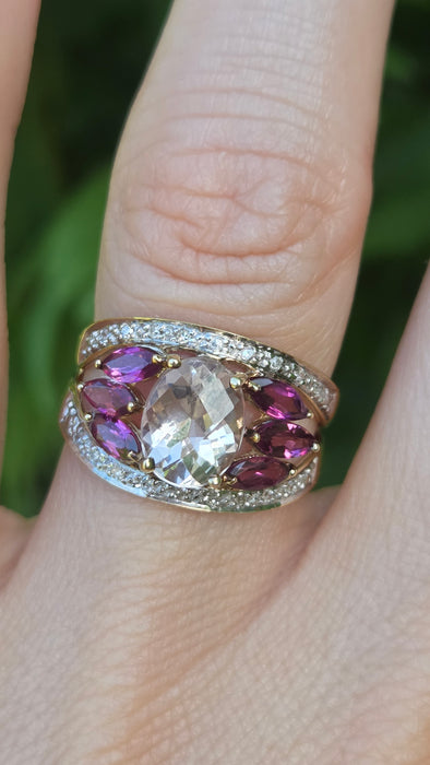 Vintage: 9ct Yellow Gold Morganite, Amethyst & Diamond Cocktail Ring