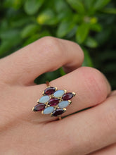 Load image into Gallery viewer, 2244: Vintage:18ct Gold 9 Opals 14 Garnets Geometric Cocktail Ring- Marvellous
