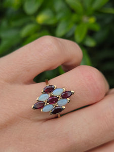 2244: Vintage:18ct Gold 9 Opals 14 Garnets Geometric Cocktail Ring- Marvellous