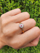 Cargar imagen en el visor de la galería, 6067-Antique: 18ct Gold Platinum Set Ruby 8 Diamonds Flower Head Ring- over 100 years old
