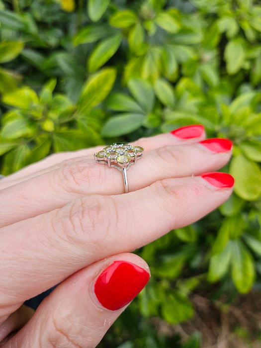 1240: Vintage: 9ct Gold Forest Green Peridots Diamonds Cluster Ring