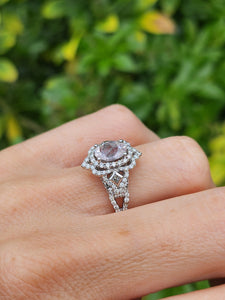 1781: Vintage: 9ct White Gold Pink Morganite Pave Natural Diamonds (0.75ct) Dress Ring- Sparkling beauty