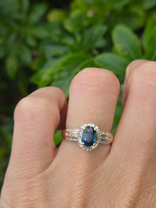 0050: Vintage: Petite 9ct Gold Teal Blue Sapphire 64 Diamonds Dress Ring- sparkling beauty