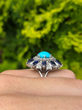 Cargar imagen en el visor de la galería, 2269: Vintage: 14ct White Gold Turquoise, Blue Sapphires, 56 Diamonds Statement Cluster Ring

