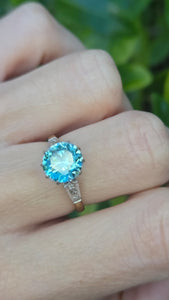 2248 Vintage 18ct Gold Round Cut Blue Zircon (4.25ct)  Diamonds 3-Stone Ring