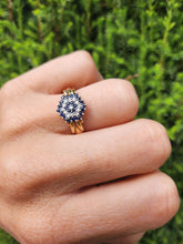 Cargar imagen en el visor de la galería, 1641: Vintage: 9ct Gold Geometric Sapphires Diamonds Dress Ring- captivating design
