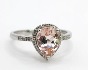 1700: Vintage: 9ct White Gold Pink Morganite 26 Diamonds Dress Ring- petite, sparkling, pink