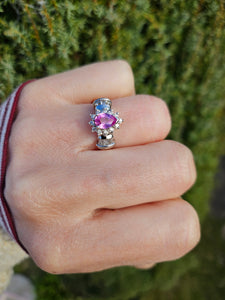 1181: Vintage: 14ct White Gold Pink Sapphires 18 Diamonds Cocktail Ring- sparkling beauty