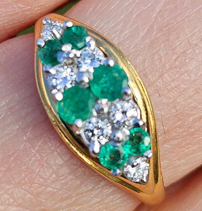 6020 Vintage; 18ct Gold Emeralds Diamonds  Boat  Ring