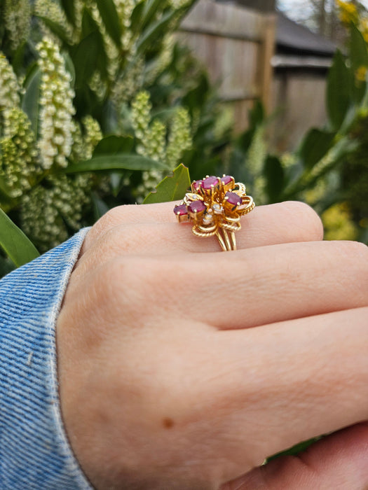 1508: Vintage: 14ct Gold Rubies Diamonds Cocktail Cluster Ring - Statement