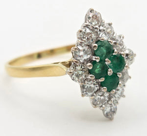 2318: Vintage: 18ct Gold Emeralds Diamonds Marquise Set Art Deco Style Ring- From 1977